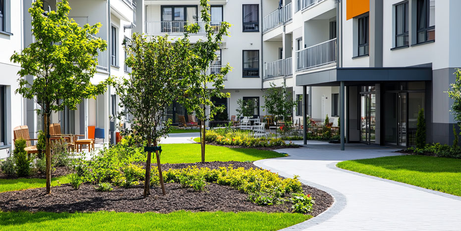 Modern senior living courtyard with lush landscaping